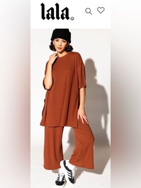 Dressed in LALA Lex Ribbed Playsuit Set in Dark Brown Cocoa Malone XL Pants